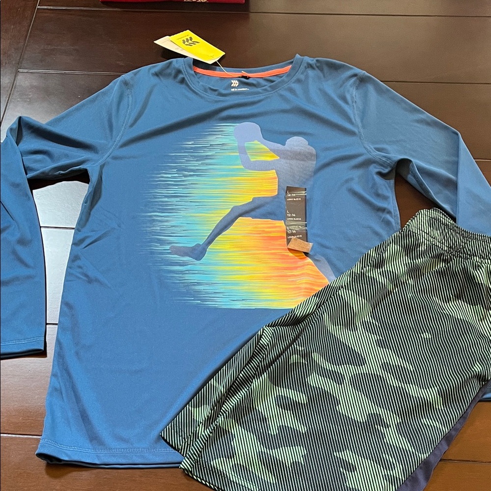 Boys All in Motion blue long sleeve basketball T-shirt UPF 50+ and shorts 12/14
